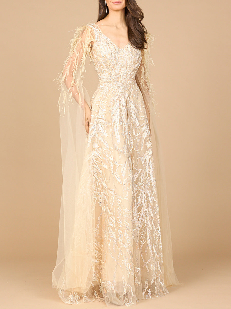 V-Neck Lace Gown with Cape Sleeves Champagne