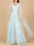 V-Neck Lace Gown with Cape Sleeves Dusty Blue