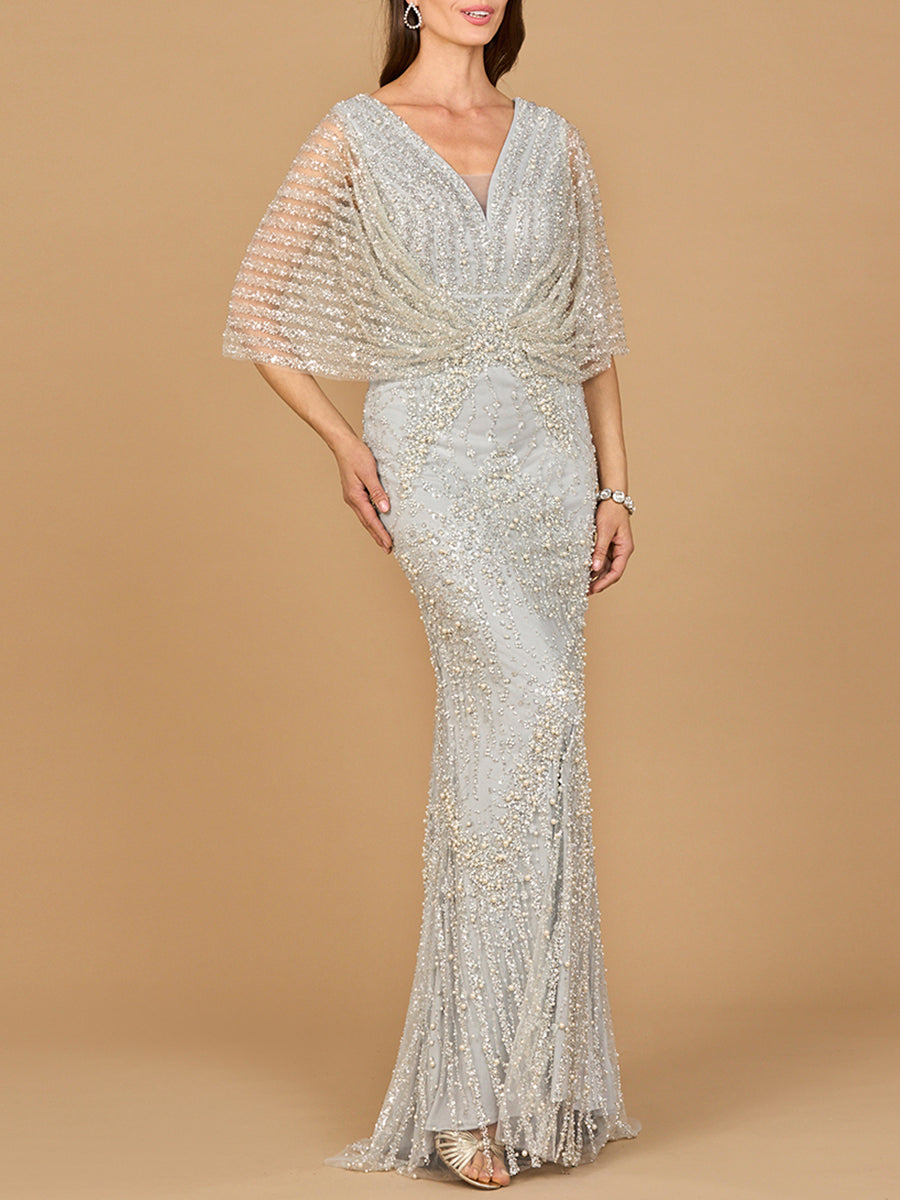 Cape Sleeve Mermaid Gown Grey