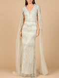V-Neck Gown with Long Cape Sleeves and Feathers Sage