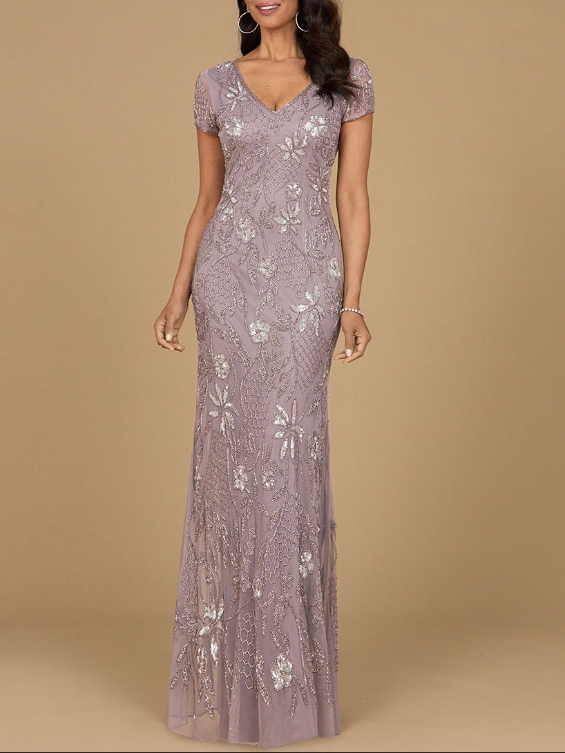 V-Neck, Short Sleeve Beaded Gown Amethyst