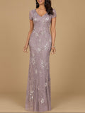 V-Neck, Short Sleeve Beaded Gown Amethyst