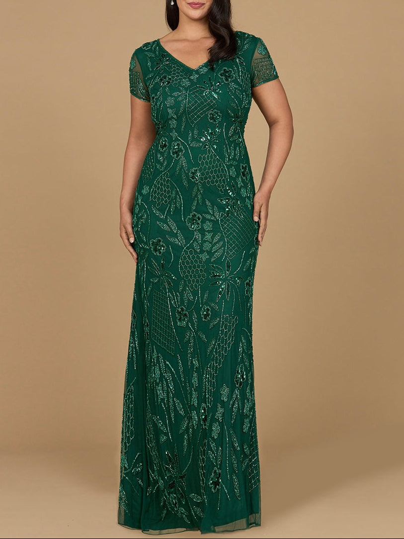 V-Neck, Short Sleeve Beaded Gown Dark Green