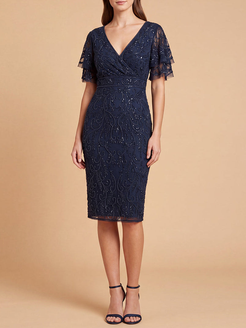 Beaded Midi Dress with Cape Sleeves Navy