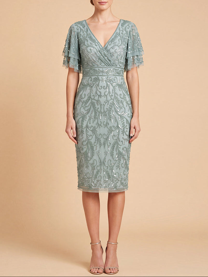 Beaded Midi Dress with Cape Sleeves Sage