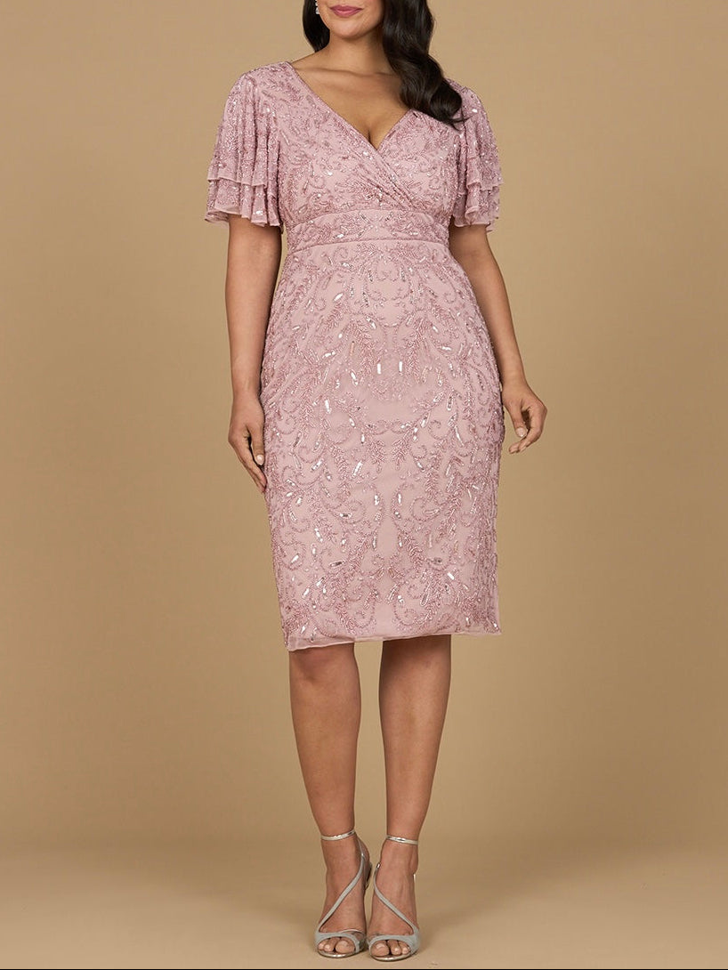 Beaded Midi Dress with Cape Sleeves Dusty Rose