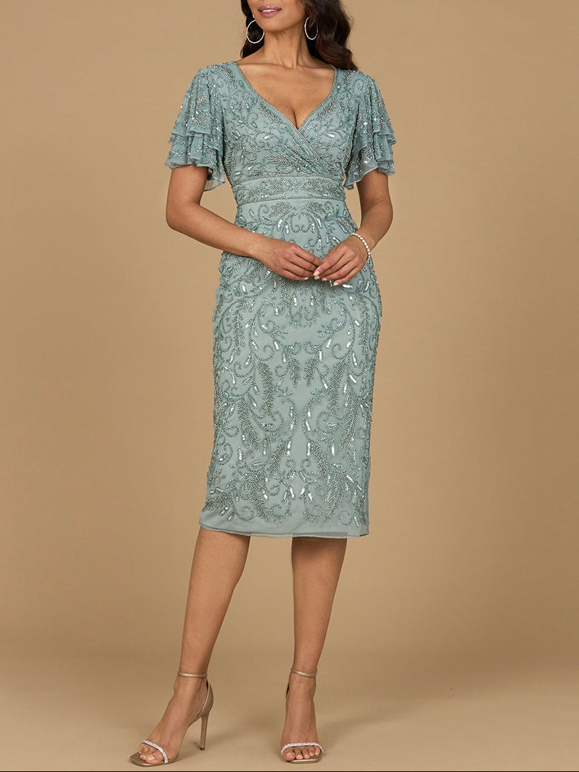 Beaded Midi Dress with Cape Sleeves Dark Sage