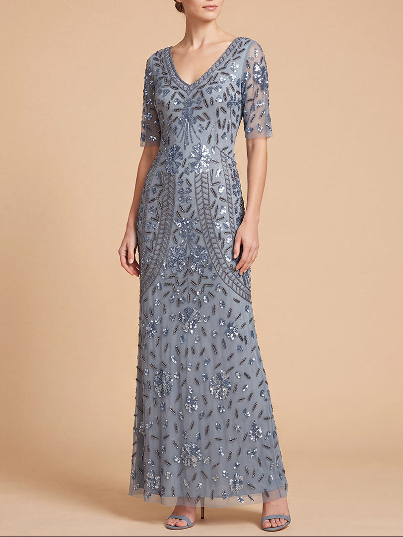 V-Neck, Cape Sleeve Beaded Gown Dusty Blue