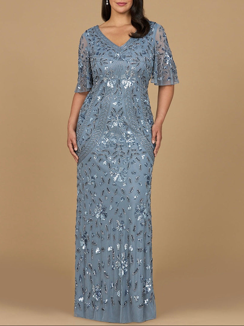 V-Neck, Cape Sleeve Beaded Gown Dusty Periwinkle