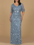 V-Neck, Cape Sleeve Beaded Gown Dusty Periwinkle
