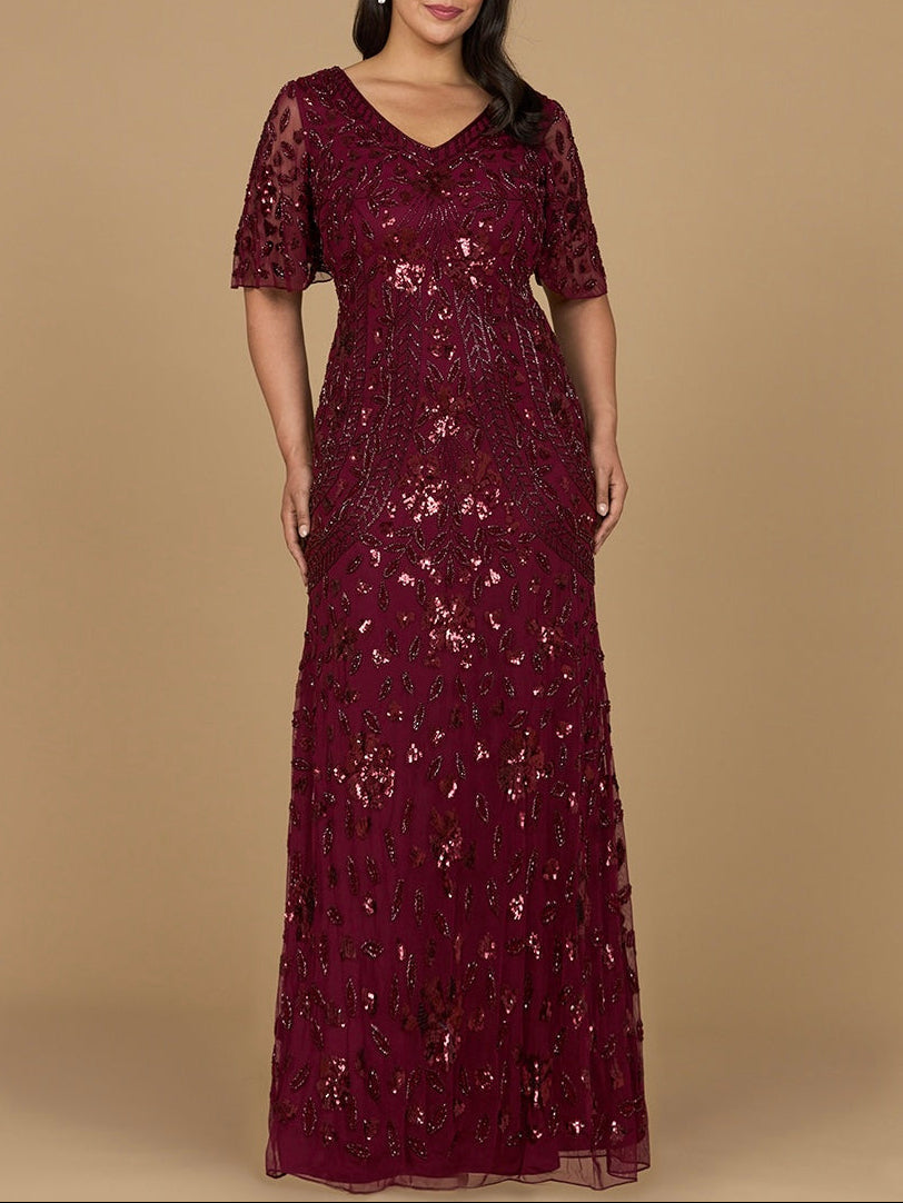 V-Neck, Cape Sleeve Beaded Gown Wine