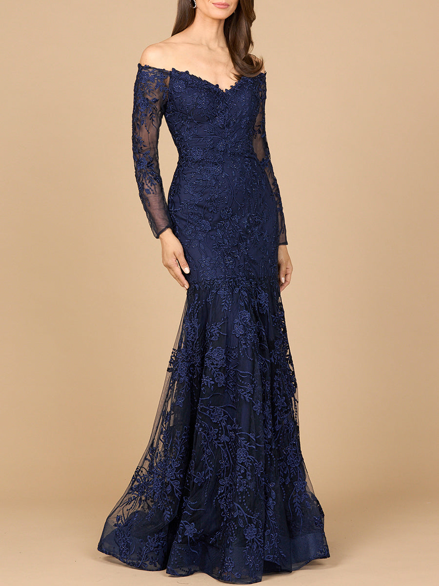 Off Shoulder Long Sleeve Mermaid Gown Navy