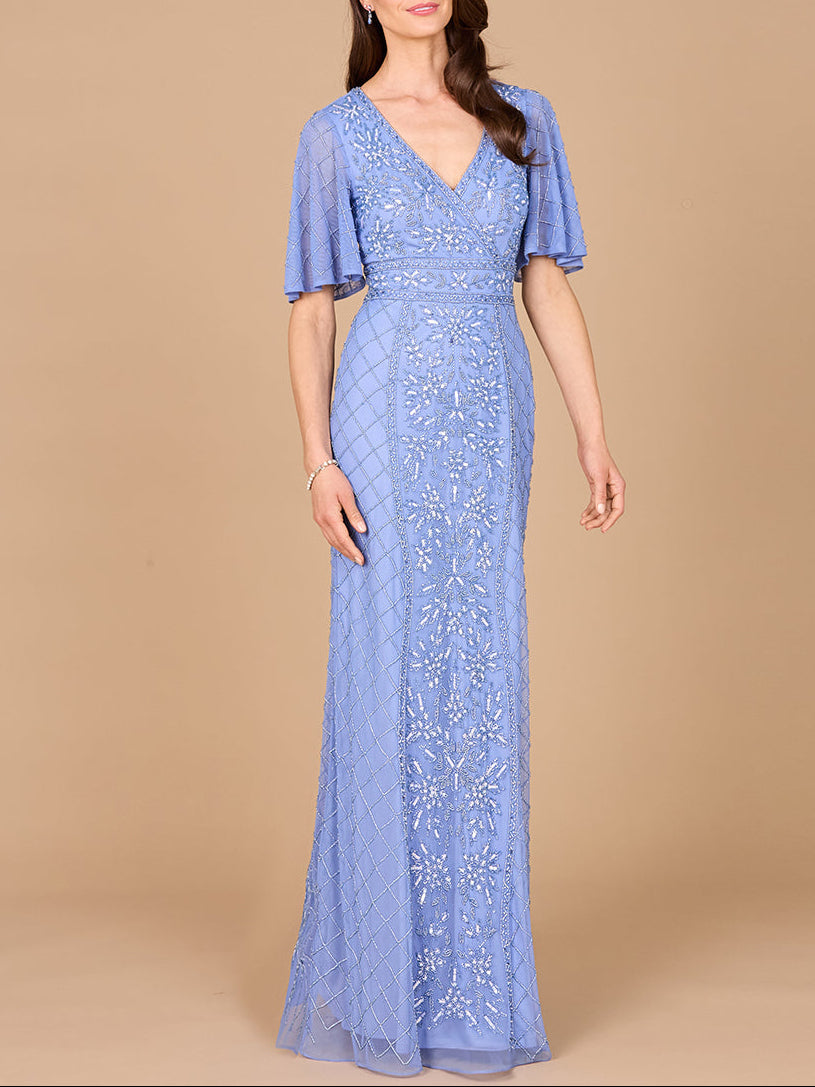 V-Neck, Cape Sleeve Beaded Gown with Belt Periwinkle