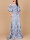 Embroidered, Cape Sleeve A-line Gown Blue