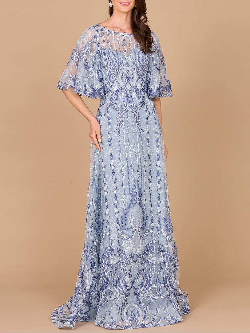 Embroidered, Cape Sleeve A-line Gown Blue