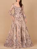 Long Sleeve Scoop Neck Lace Gown with Overskirt Tan