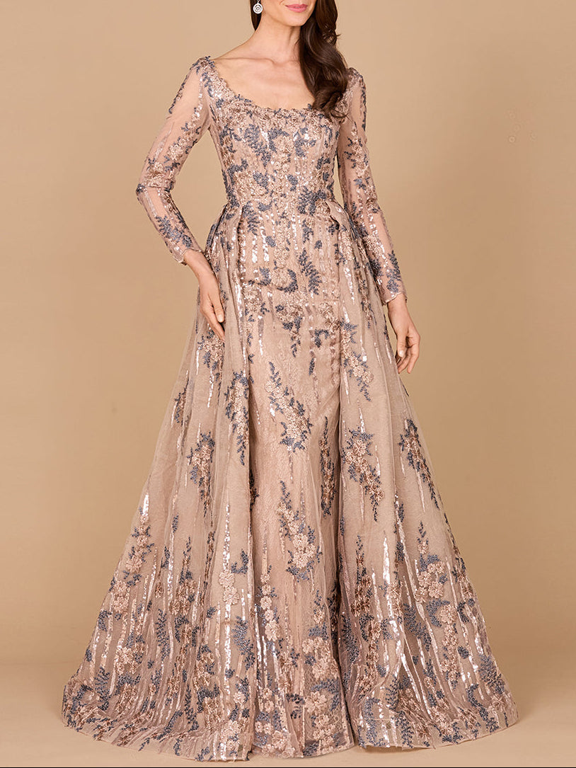 Long Sleeve Scoop Neck Lace Gown with Overskirt Tan
