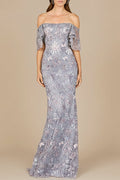 Elegant Off Shoulder Embellished Gown Slate Multi
