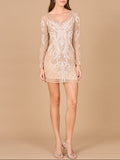 Long Sleeve Cocktail Dress with V-Neckline Nude
