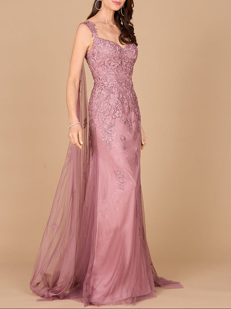 Embroidered Lace Gown with Flowing Capes Mink