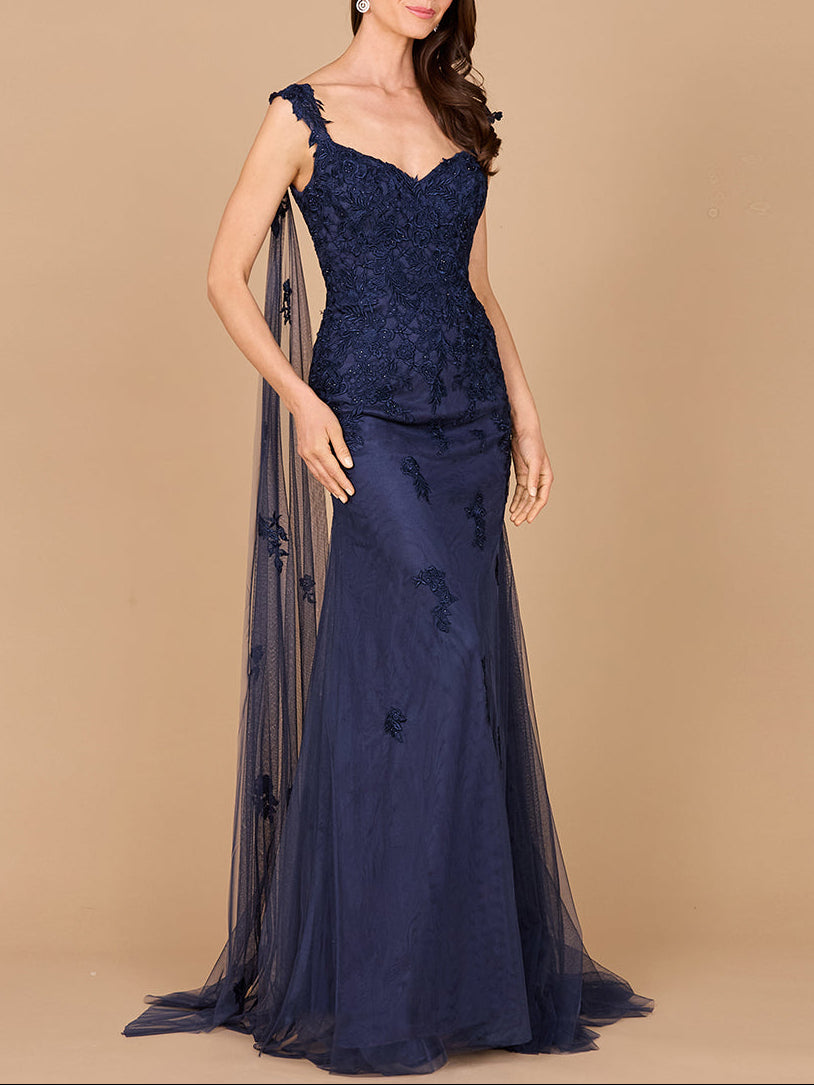 Embroidered Lace Gown with Flowing Capes Navy