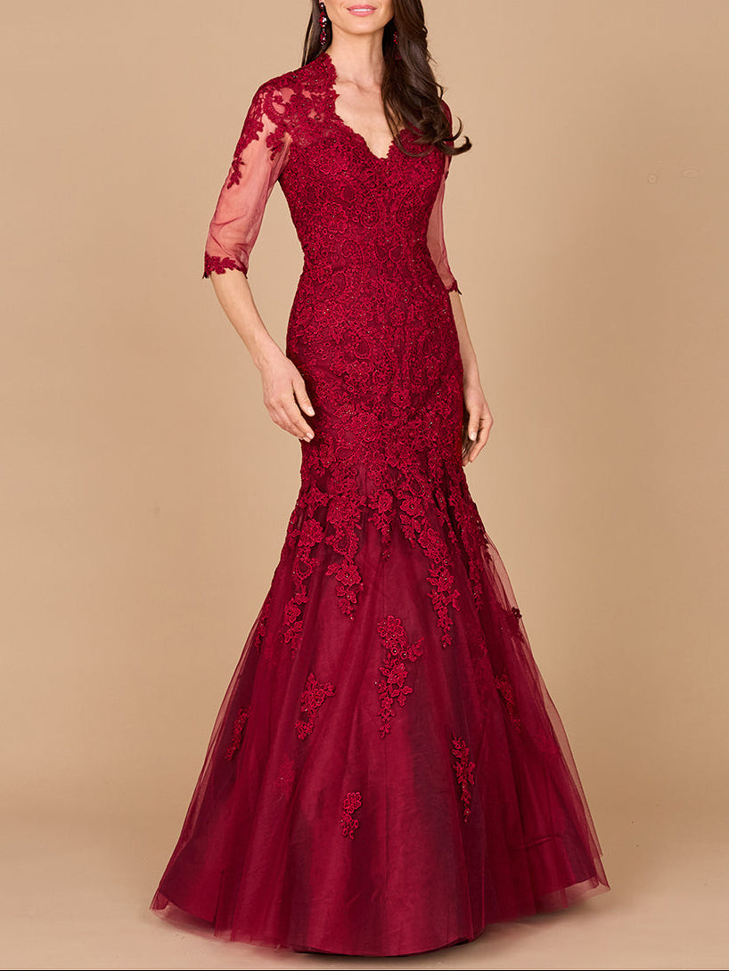 Long Sleeve, Mermaid Lace Gown Dark Red