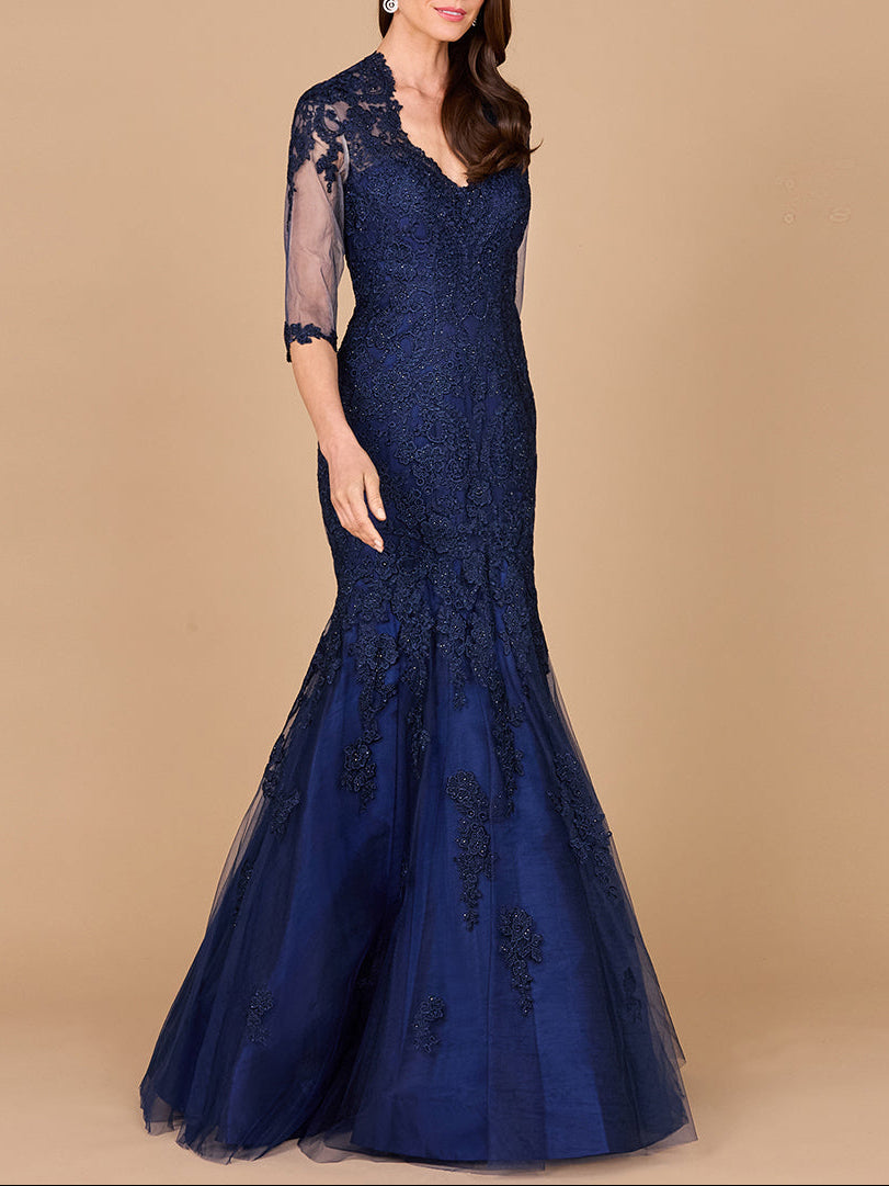Long Sleeve, Mermaid Lace Gown Navy