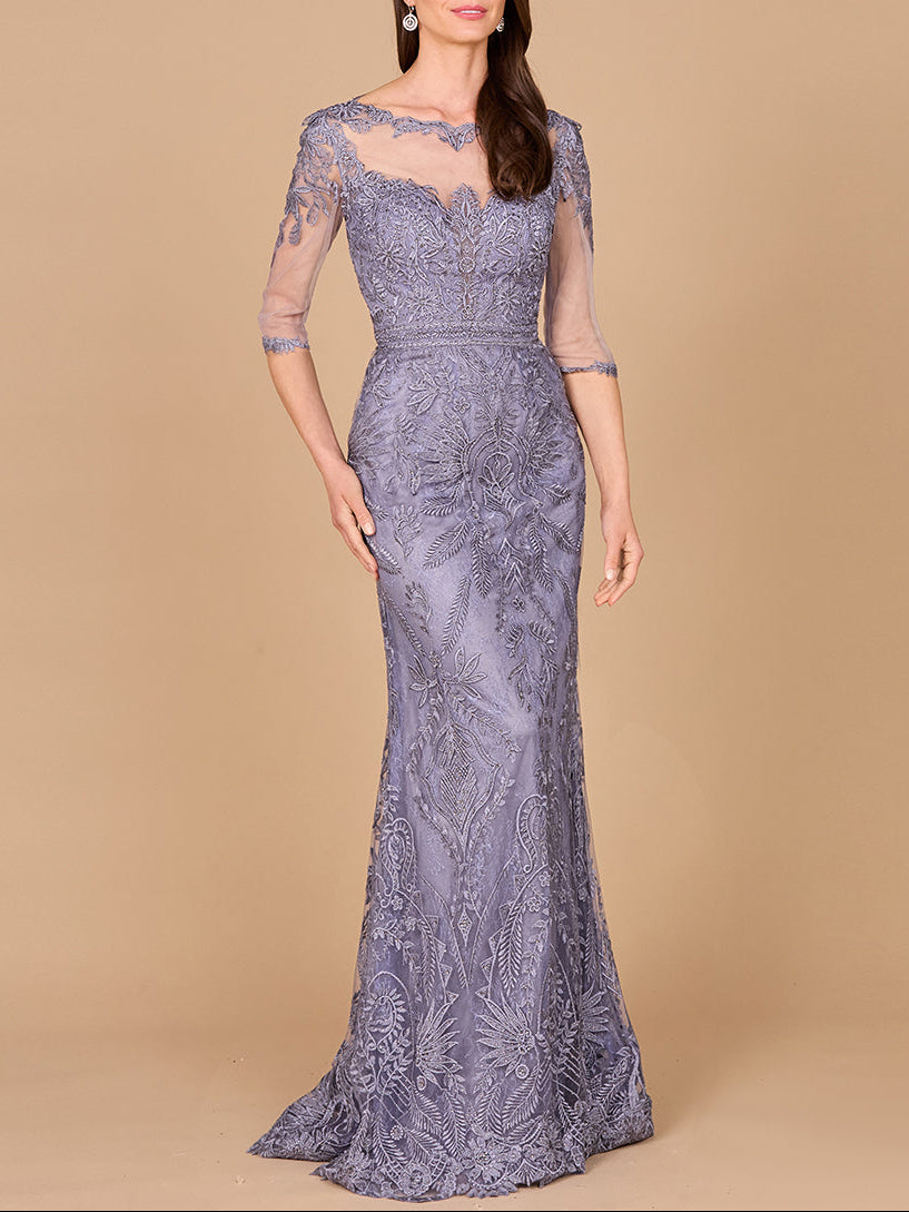 Detachable Half Sleeve Lace Sheath Gown Grey Blue