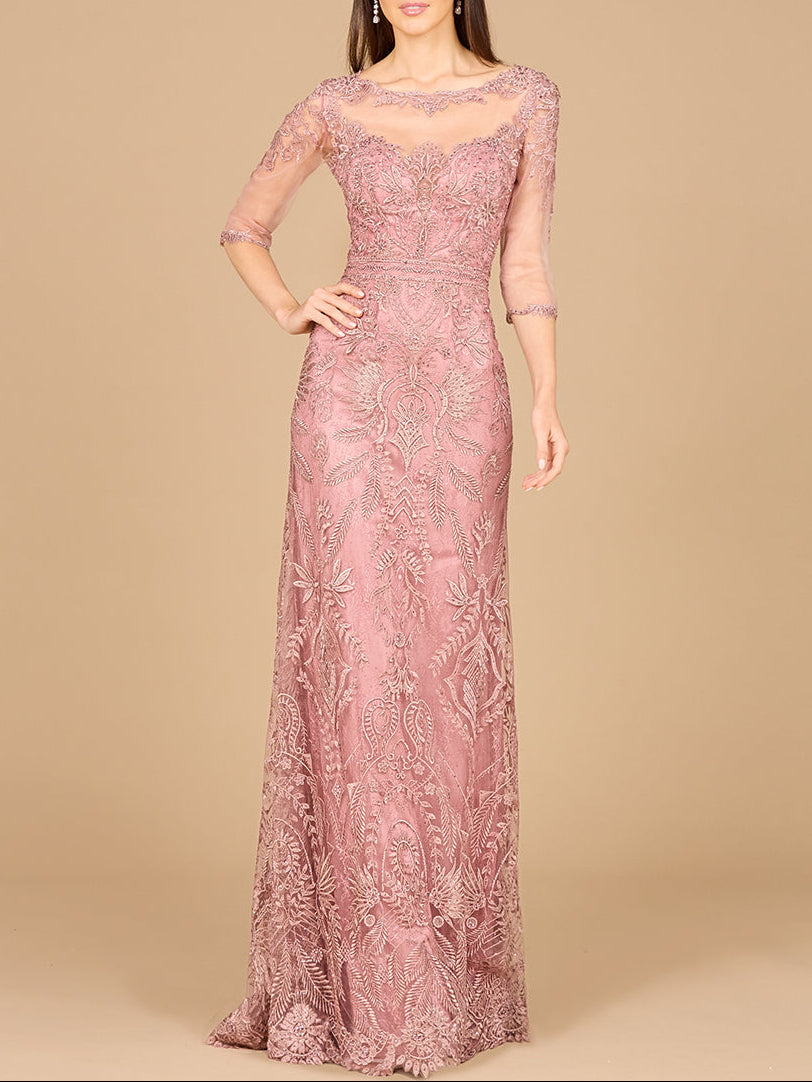 Detachable Half Sleeve Lace Sheath Gown Rose