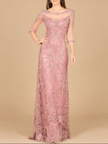 Detachable Half Sleeve Lace Sheath Gown Rose