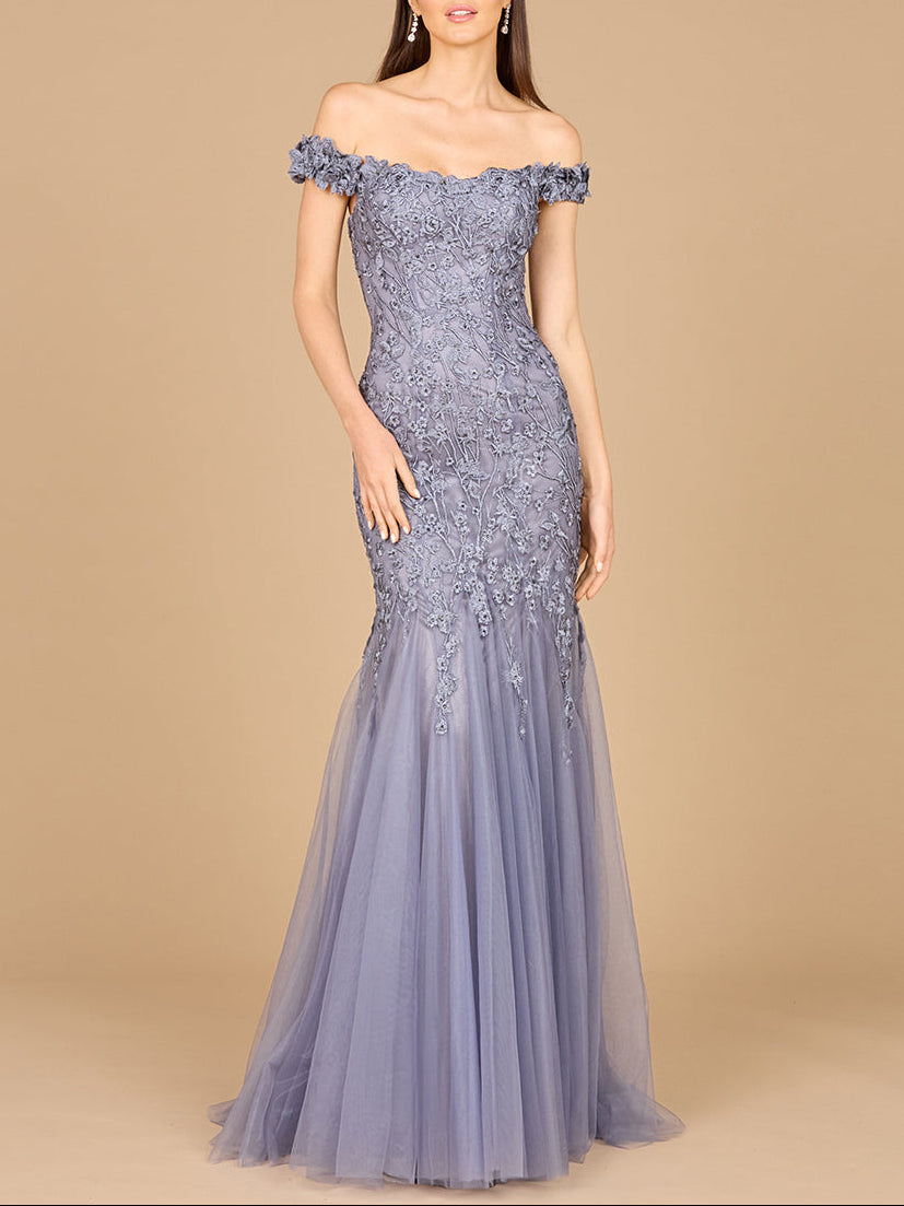 Off Shoulder Mermaid Gown Grey Blue