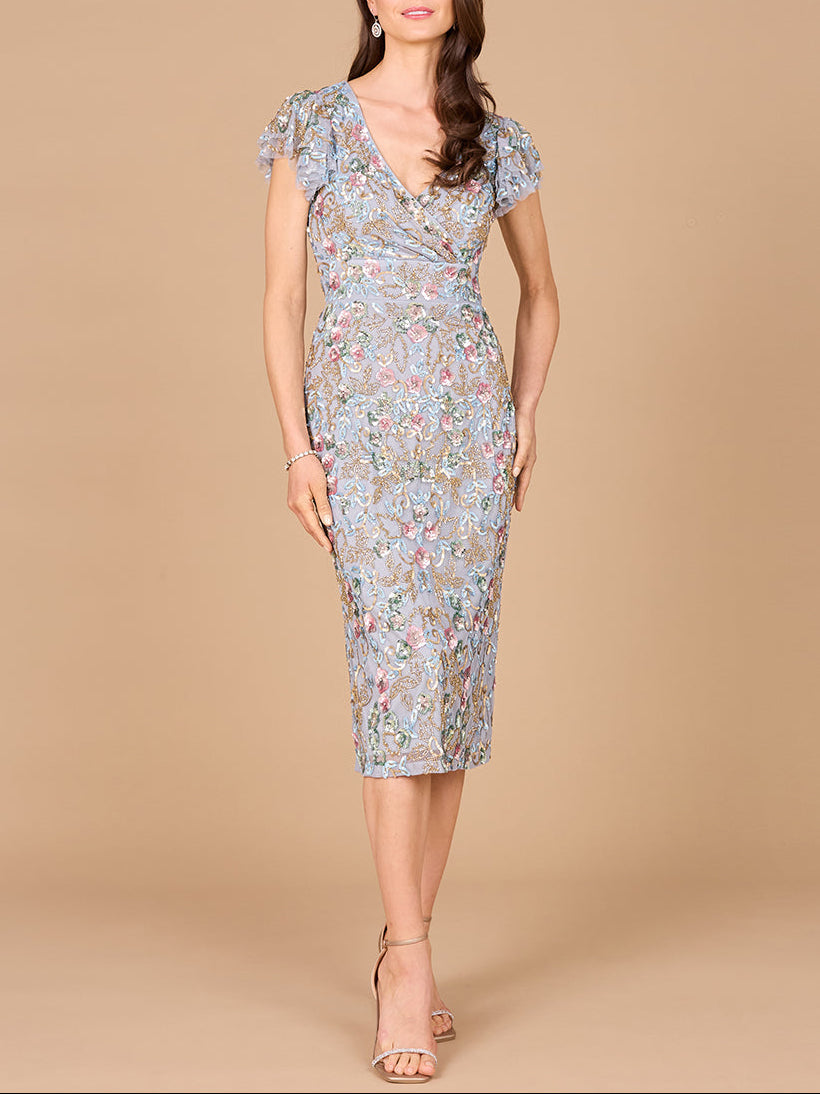 Floral Beaded Midi Dress Grey Multi