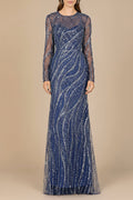 Long Sleeve Sheath Gown with Silver Beads Blue