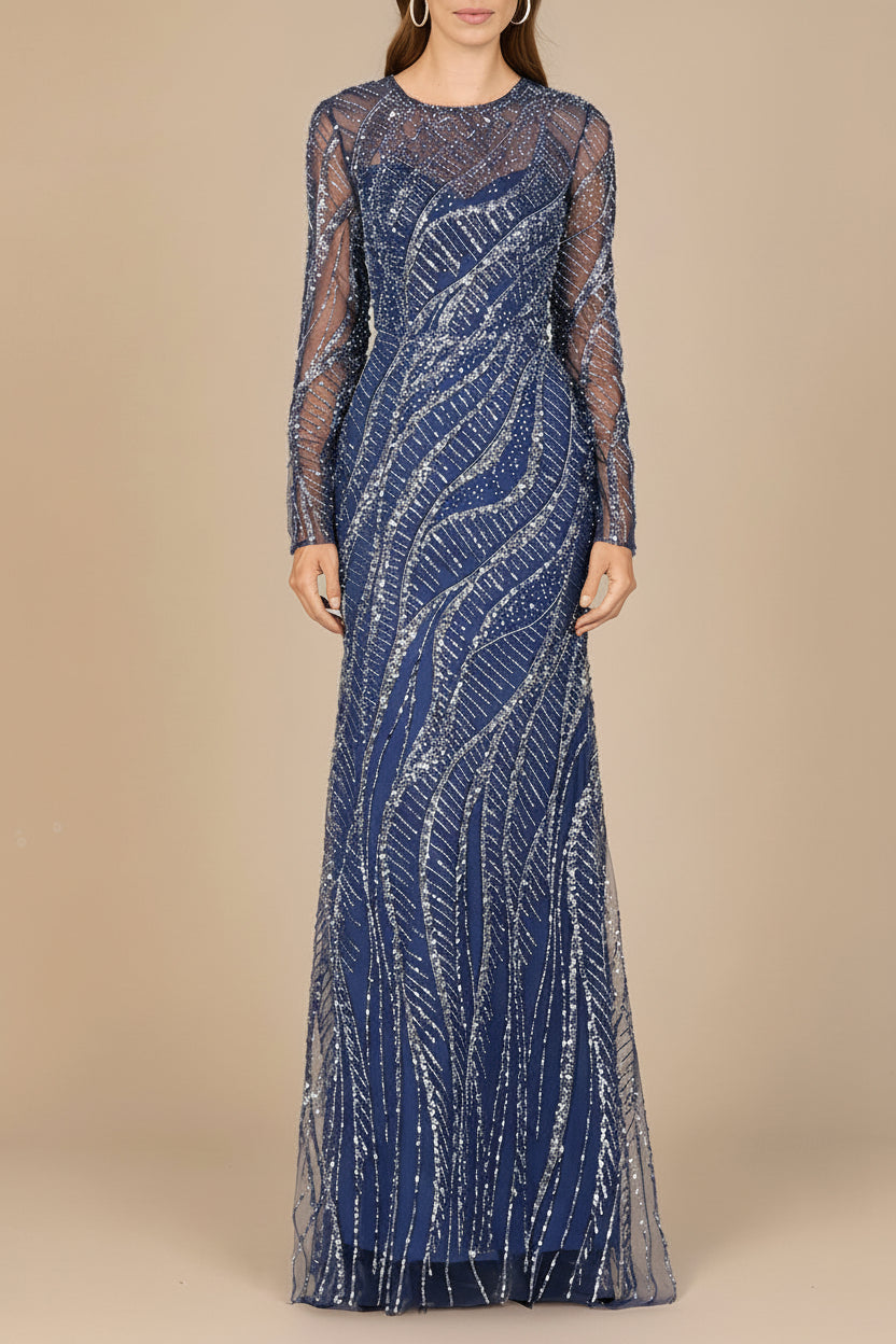 Long Sleeve Sheath Gown with Silver Beads Blue
