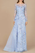Asymmetrical Overlay Gown with Sleeves Periwinkle