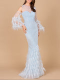 Cold Shoulder Mermaid Lace Gown with Feathers - OUTLET Sky