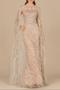 High Neck Gown with Long Cape Sleeves Nude
