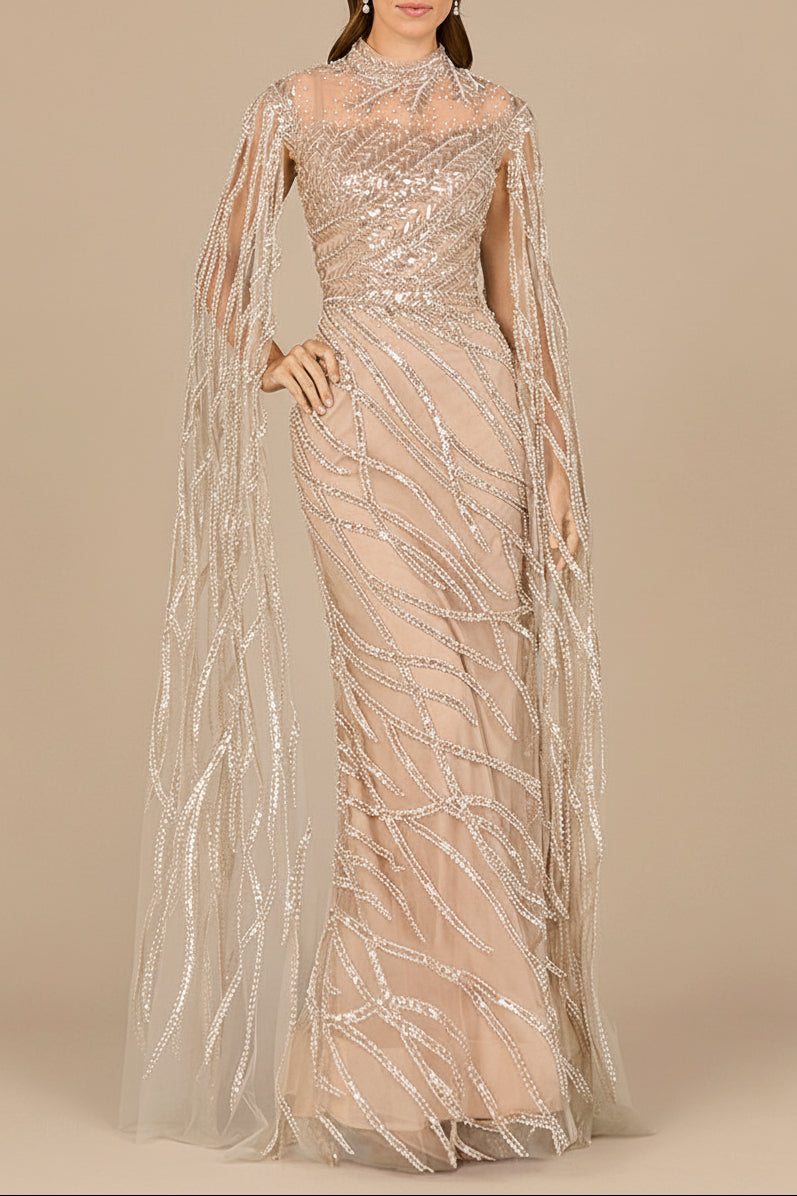 High Neck Gown with Long Cape Sleeves Nude