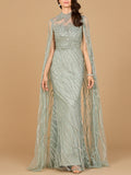 High Neck Gown with Long Cape Sleeves Grey