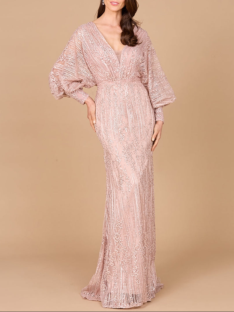 Long Bishop Sleeve Lace Gown Blush