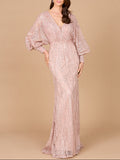 Long Bishop Sleeve Lace Gown Blush
