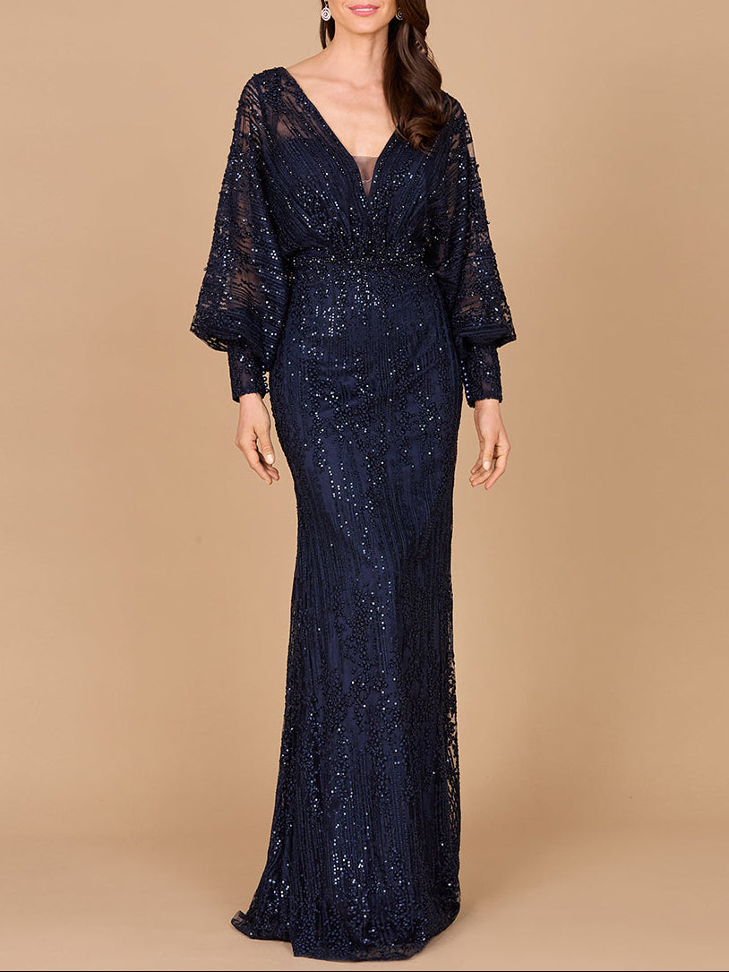 Long Bishop Sleeve Lace Gown Navy
