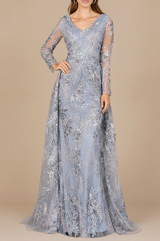 Lace Long Sleeve Gown with Overskirt Slate Multi