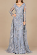 Lace Long Sleeve Gown with Overskirt Slate Multi