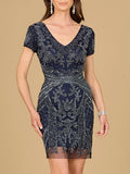 Cap Sleeve Beaded Cocktail Dress Navy