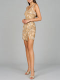 V-Neck Beaded Mini Dress with Fringe Details Nude Silver