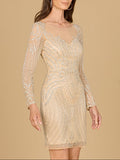 Long Sleeve Cocktail Dress with Illusion Neckline Nude Silver
