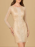 Long Sleeve, High Neck Cocktail Dress Champagne