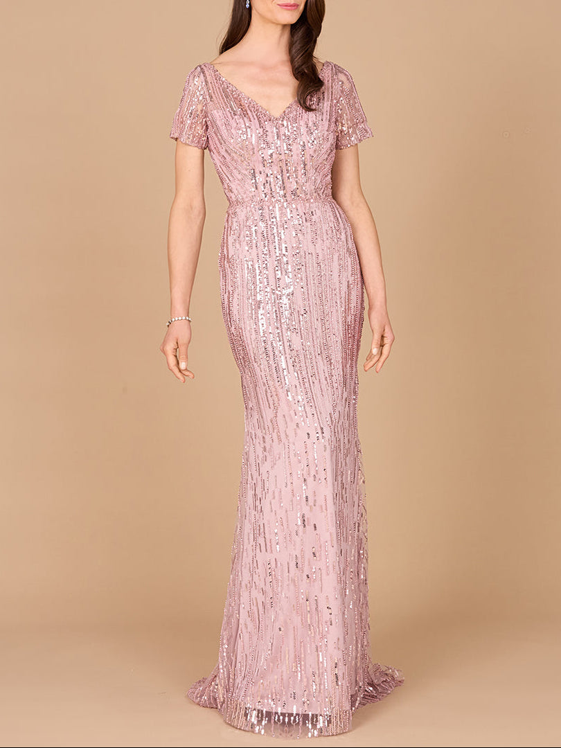 Short Sleeve, Beaded Mermaid Gown Dusty Rose