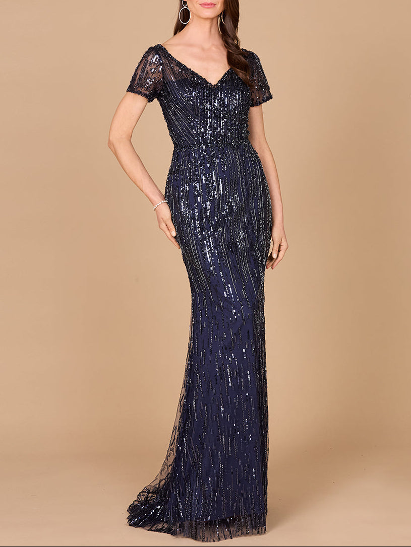 Short Sleeve, Beaded Mermaid Gown Navy
